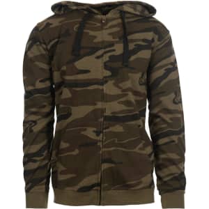 A camouflage patterned full zip hoodie in shades of green and brown, featuring a drawstring hood and a logo.