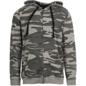 A grey camouflage full zip hoodie with a hood and drawstring, featuring dark accents and a logo.