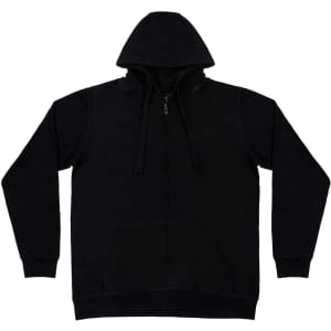 A black full zip hoodie made from enzyme washed French terry fabric, featuring a hood and front pockets.