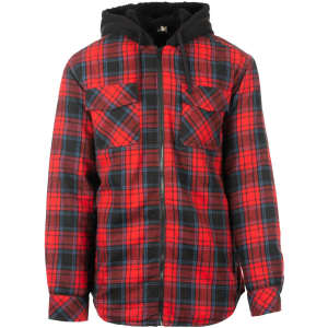 A mens zip hooded flannel jacket in red and black plaid with a black hood. Features two chest pockets and a branding logo.