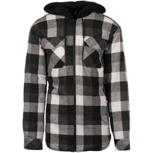 A flannel jacket with a black and white check pattern and a Sherpa-lined hoodie. Features a zip front and chest pockets.