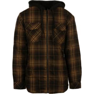 A flannel jacket in black and brown plaid with a sherpa hoodie and quilted lining, featuring front pockets and a zip.
