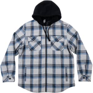 A flannel jacket featuring a black Sherpa hoodie and quilted lining, with blue and grey checkered patterns.