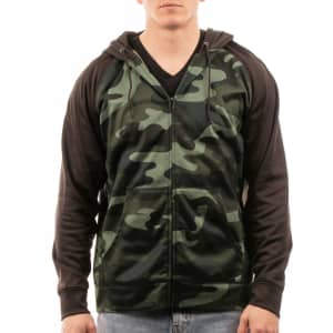 A camouflage full zip performance raglan hoodie featuring black sleeves and a fitted design.