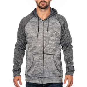 A grey full zip performance raglan hoodie with a two-tone design and a front pocket. It has a hood and a logo.