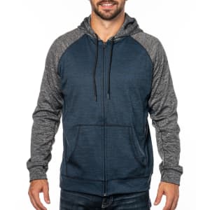 A navy blue and grey full zip performance raglan hoodie with a front pocket and adjustable hood.
