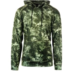 A green tie-dye performance raglan pullover hoodie with a front pouch and adjustable drawstring hood.