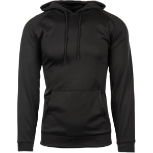 A black Performance Tech Fleece Hoodie displayed on a model, featuring a front pocket and a hood.