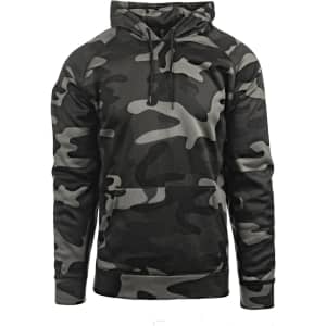 A camouflage pullover hoodie in shades of grey and black features a front pocket and a hood. It has a logo on it.