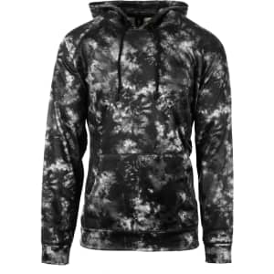 A black and grey tie-dye pullover hoodie with a front pocket and a drawstring hood, featuring a logo.