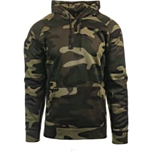 A camouflaged pullover hoodie in various shades of green, featuring a hood and a front pocket. It has a logo.