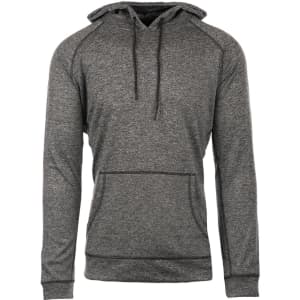 A grey Performance Raglan Pullover Hoodie with a front pocket and drawstring hood, featuring a logo.