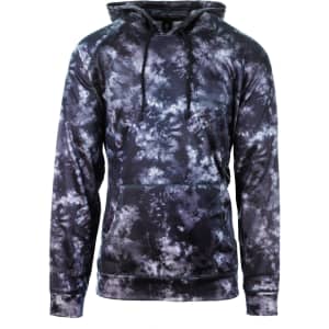 A black and grey tie-dye Performance Raglan Pullover Hoodie with a front kangaroo pocket and a hood.