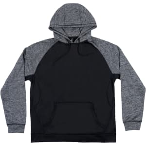 A grey and black raglan pullover hoodie featuring a hood and front pocket, with a logo on the front.