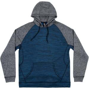 A Performance Raglan Pullover Hoodie featuring a blue body and grey raglan sleeves, complete with a front pocket and hood.