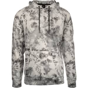 A grey and black tie-dye pullover hoodie with a front pocket and adjustable drawstring hood. It features a logo.