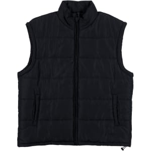 A side view of a black puffer vest with a plaid design on the sleeves, featuring a logo.
