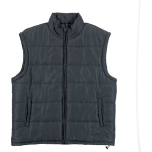 A grey puffer vest displayed on a model, featuring a sleeveless design and a checkered shirt underneath.
