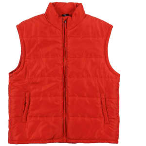 A red puffer vest with a high collar, featuring a front zip and pockets, worn by a smiling male model.