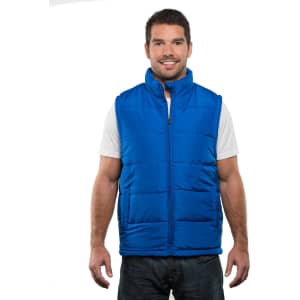 A blue puffer vest is displayed on a man, shown from the side, featuring a high collar and zipped design.