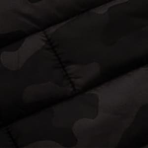 A quilted puffer vest in a black camouflage pattern with a visible quilted texture. It features a logo.