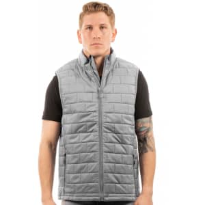 A grey puffer vest is displayed on a male model, shown from the side, with a branding logo visible.