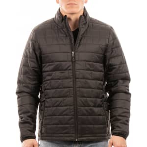 A puffer jacket in black worn by a person, featuring a quilted design and a high collar.