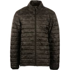 A quilted puffer jacket in black with a zip front and high collar, featuring a logo on the front.
