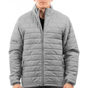 A grey puffer jacket with a zip front, featuring a subtle quilted design and side pockets.