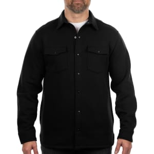 A man wearing a black fleece snap jacket with two front pockets and a button-up design.