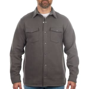 A grey fleece snap jacket featuring a collared neck and two chest pockets, worn by a model.