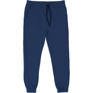 Fleece jogger pants in navy blue with an elastic waistband and pockets. Features a branding logo.
