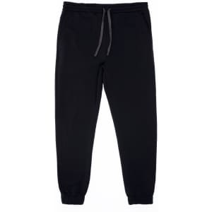 Fleece jogger pants in black with an elastic waistband and drawstring, featuring fitted cuffs.