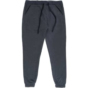 A pair of grey jogger pants with a drawstring waistband and cuffed ankles, featuring pockets and a logo.