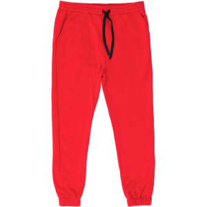 Red fleece jogger pants with a drawstring waistband and cuffed ankles, styled with a plain white t-shirt and sneakers.