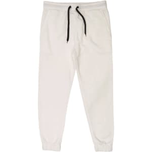 Fleece jogger pants in white with black drawstring and cuffs, featuring two side pockets.