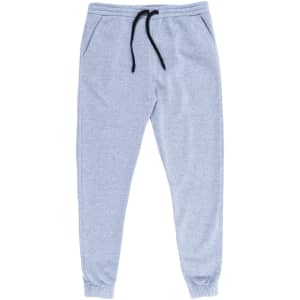 A pair of light grey fleece jogger pants featuring an elastic waistband and pockets, with a black drawstring.