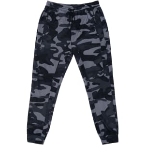 A pair of grey camo knit jogger pants featuring an elastic waist and side pockets, with a logo on the waistband.
