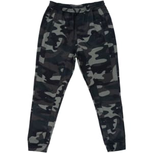 A pair of camouflaged jogger pants in shades of grey and black, featuring an elastic waistband and side pockets.