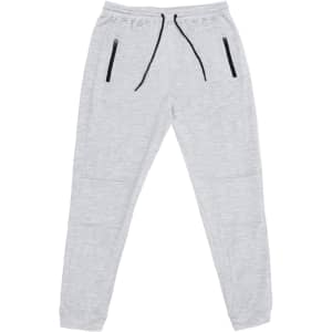 A pair of grey jogger pants made from tech fleece, featuring black zippered pockets and a drawstring waistband.