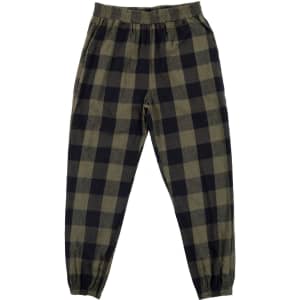 A pair of green and black checkered jogger pants with an elastic waistband and cuffs. Features a brand logo.