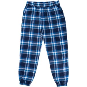 A pair of navy and blue checkered flannel jogger pants with an elastic waistband and cuffs.
