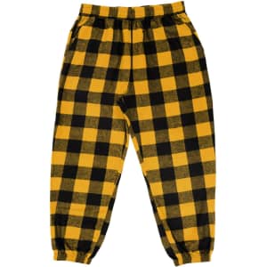 Checkered track pants in black and yellow with an elastic waistband and cuffed ankles. Features a logo.