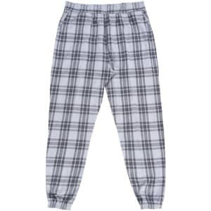 A pair of weekend jogger pants in a grey and cream plaid pattern, featuring an elastic waistband.