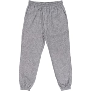Grey flannel jogger pants with an elasticated waistband and cuffs, featuring side pockets and a minimalist design.