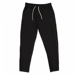 A pair of black soft jersey joggers with a drawstring waist and side pockets. The joggers have a logo.