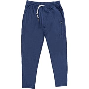 A pair of navy soft jersey joggers featuring a drawstring waist and a side zip pocket.