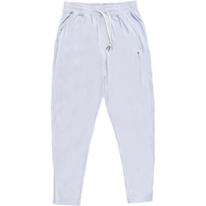 A pair of soft jersey joggers in a light blue colour with pockets and an elastic waistband.
