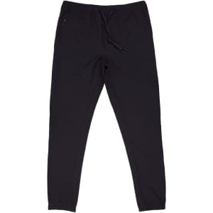 A pair of black track pants with an elastic waistband and a drawstring. The pants feature a small logo.