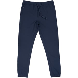A pair of navy track pants featuring a drawstring waist and side pockets, with a small logo on the fabric.